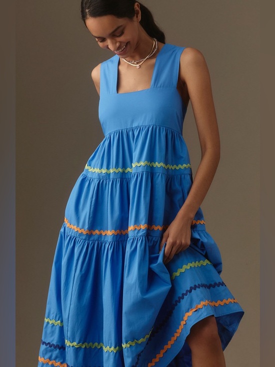 Anthropologie Dresses & Skirts - Maeve Anthropologie Blue Tiered Maxi Dress with Multicolor Ric Rac